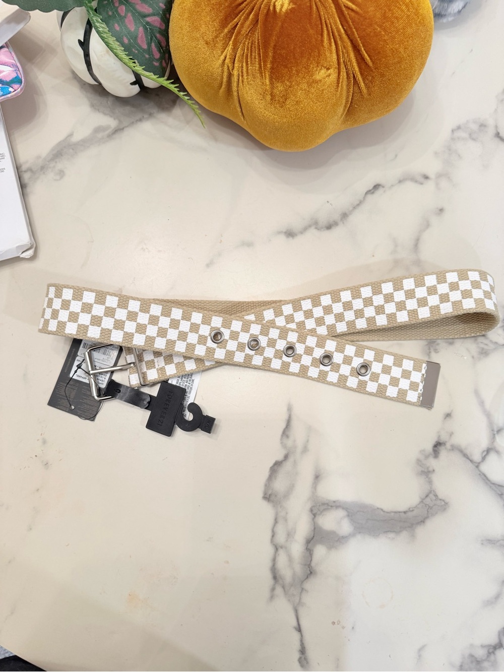 Beige & White Checkered Women's Fashion Belt